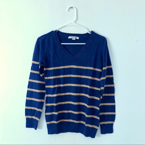 Forever 21 Navy Beige Striped V-neck Sweater - Picture 2 of 5
